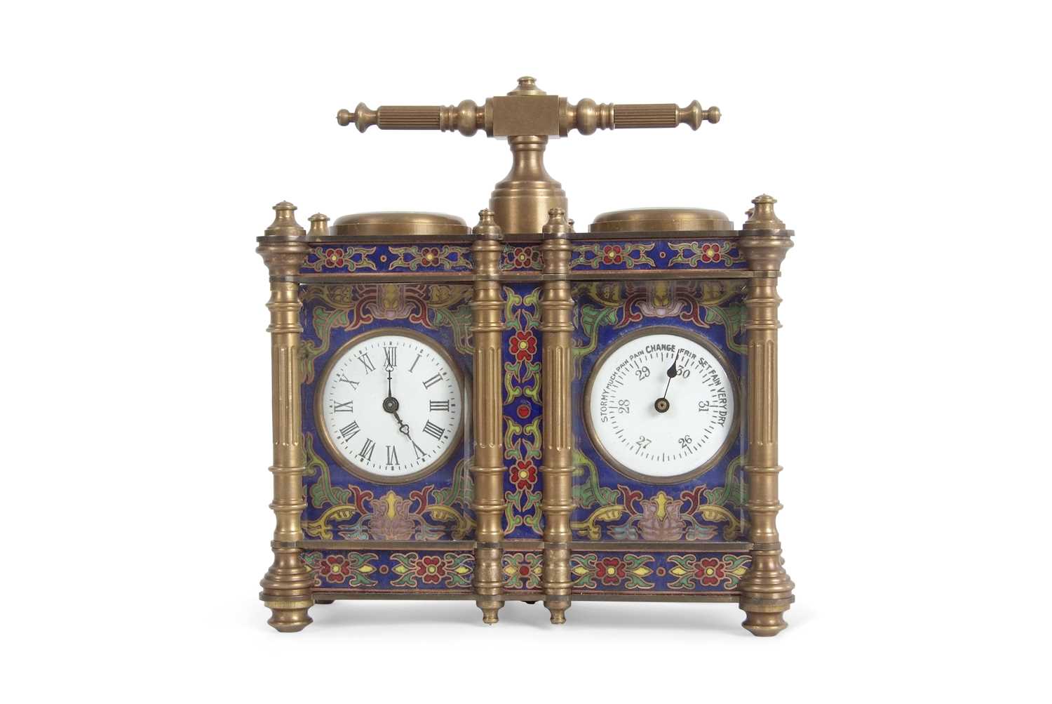 A reproduction brass and cloisonne panelled carriage clock/barometer combination with capstan formed