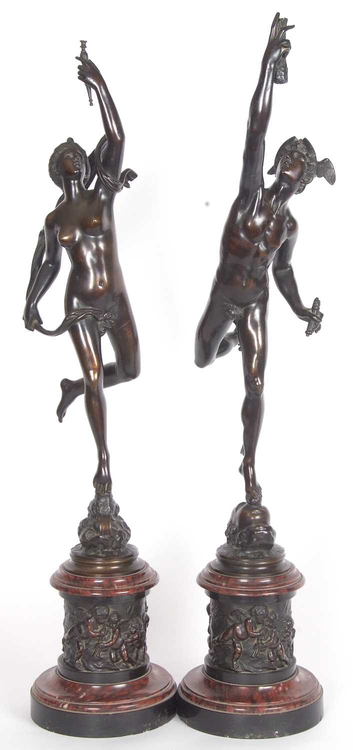 After Giambologna: a pair of Grand Tour bronze figures of Mercury and Fortuna, on red marble socle - Image 2 of 14