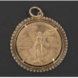 Mexican 50 Peso, 1821-1947 commerative gold coin, in later unmarked yellow metal pendant mount, 47.