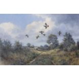 Colin W Burns (British, B.1944) "Grey partridge over a ride" signed Colin W Burns lower left. Oil on