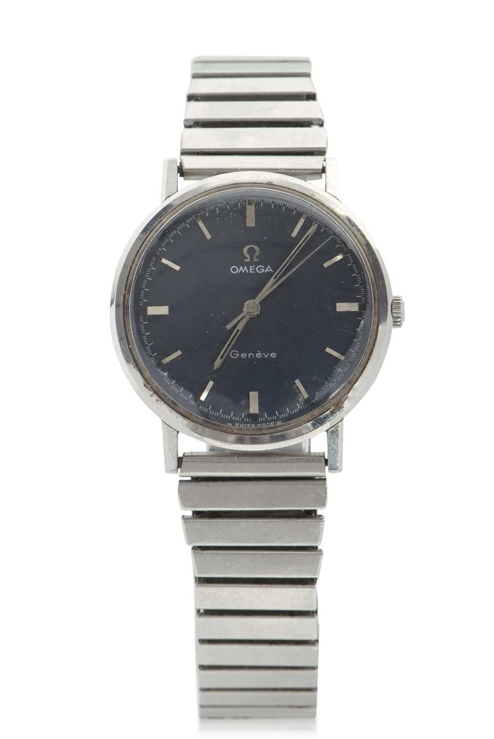 An Omega Geneve gents watch with a blue dial and silver coloured baton hour markers and hands, has a