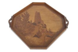 Emile Galle - inlaid serving tray decorated witha scene of ruins- 44 cm wide