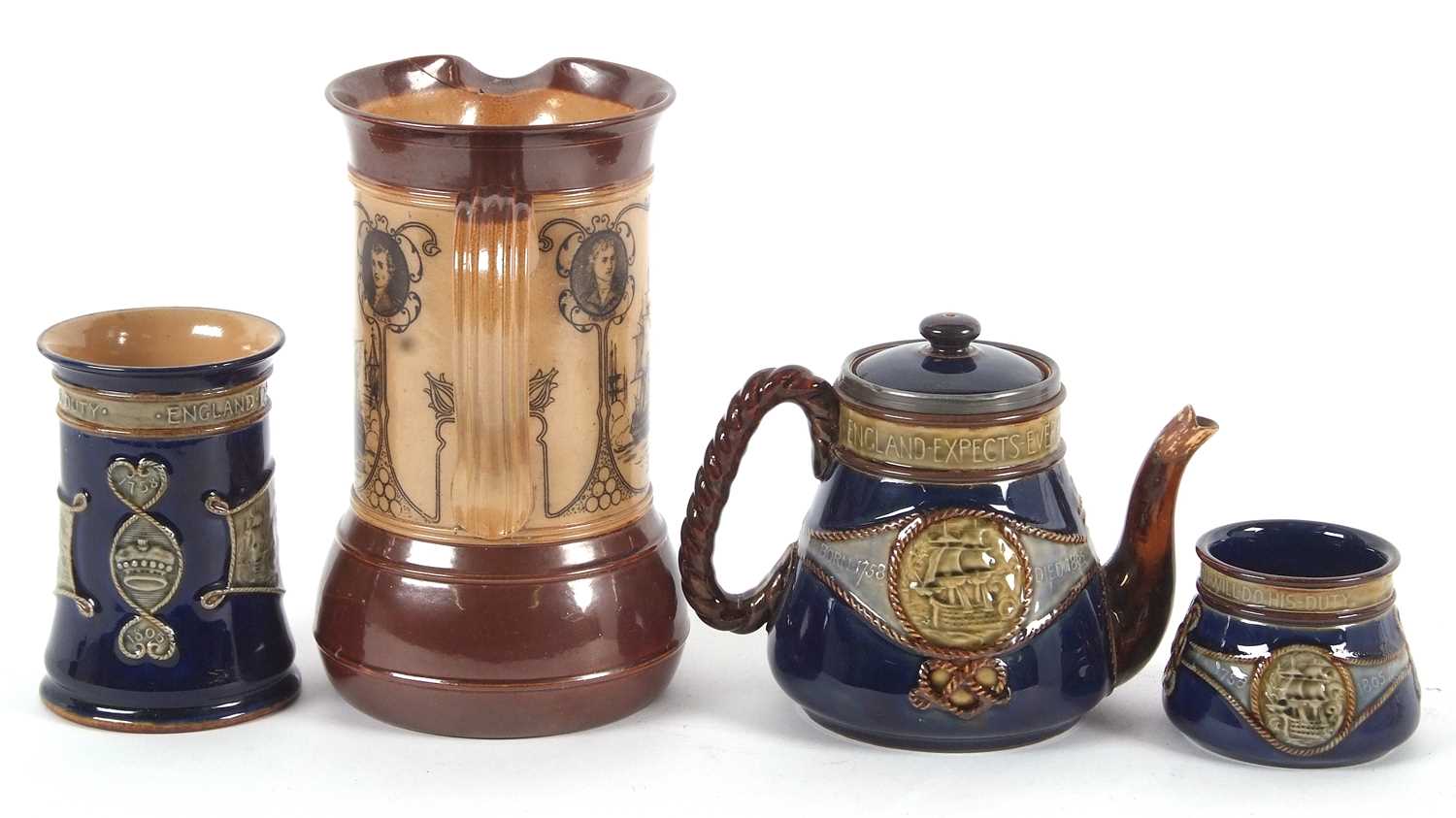 Nelson commemorative ceramics, early 20th Century comprising a Royal Doulton stoneware jug of Nelson - Image 3 of 4