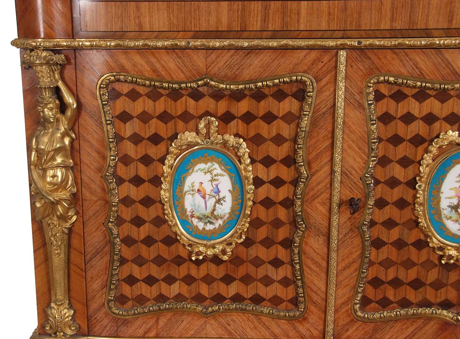A French walnut porcelain and ormolu desk with two panelled doors to the top over a base with single - Image 12 of 16