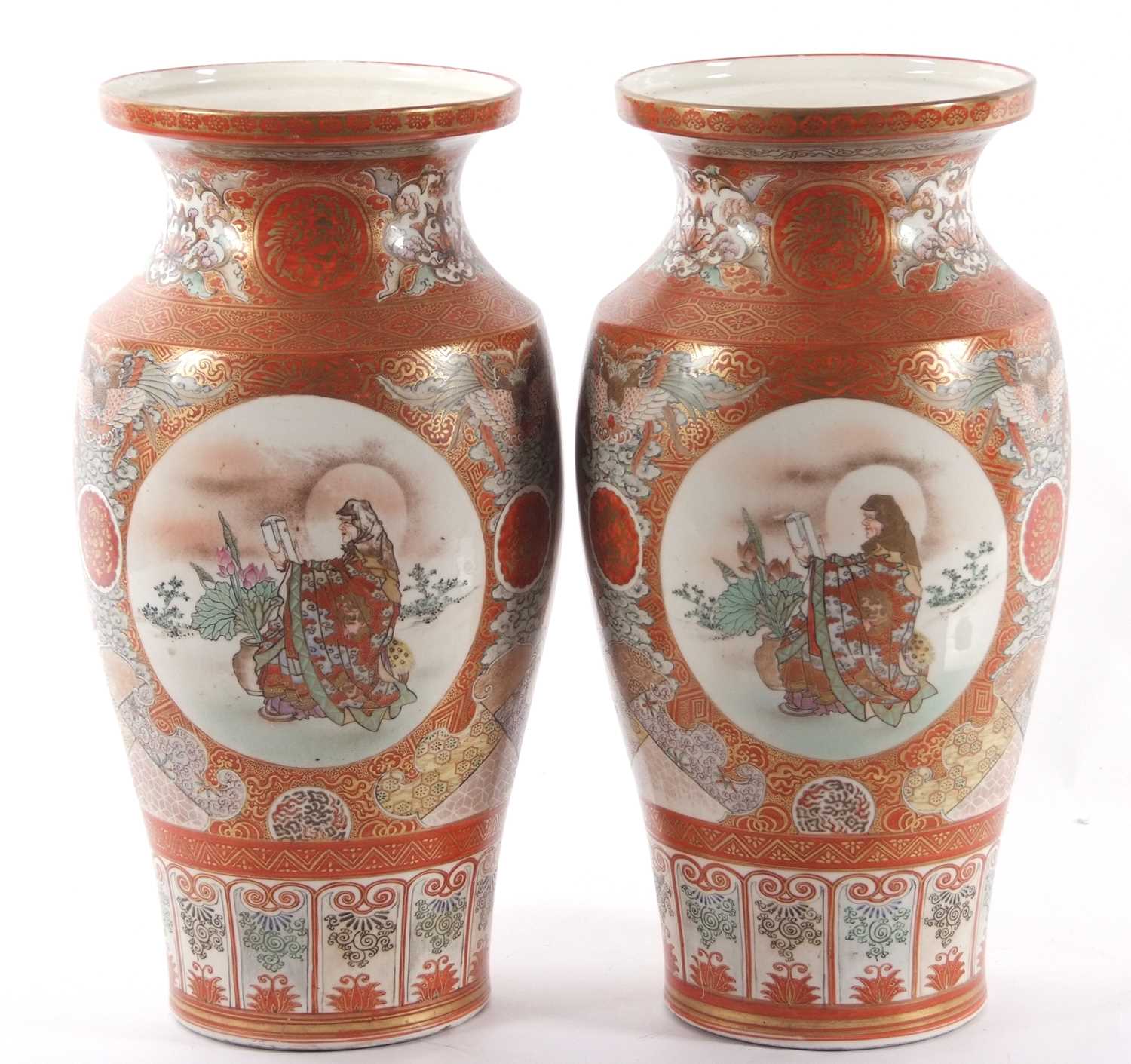 Large pair of Japanese porcelain vases Meiji period decorated with central panels of Japanese - Image 4 of 5