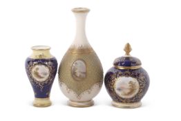 Group of three Coalport vases painted with landscape scenes, two signed by E O Ball, a further