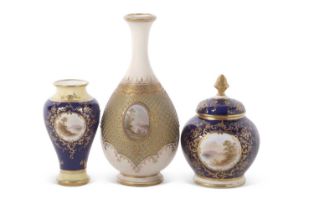 Group of three Coalport vases painted with landscape scenes, two signed by E O Ball, a further