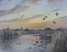 Colin W Burns (British, B.1944) "At dusk - Ranworth" signed Colin W Burns lower right. Oil on canvas