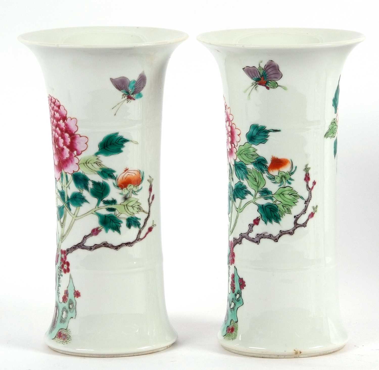 A pair of Chinese porcelain cylindrical shaped vases decorated in famille rose/vert with flowering - Image 3 of 6