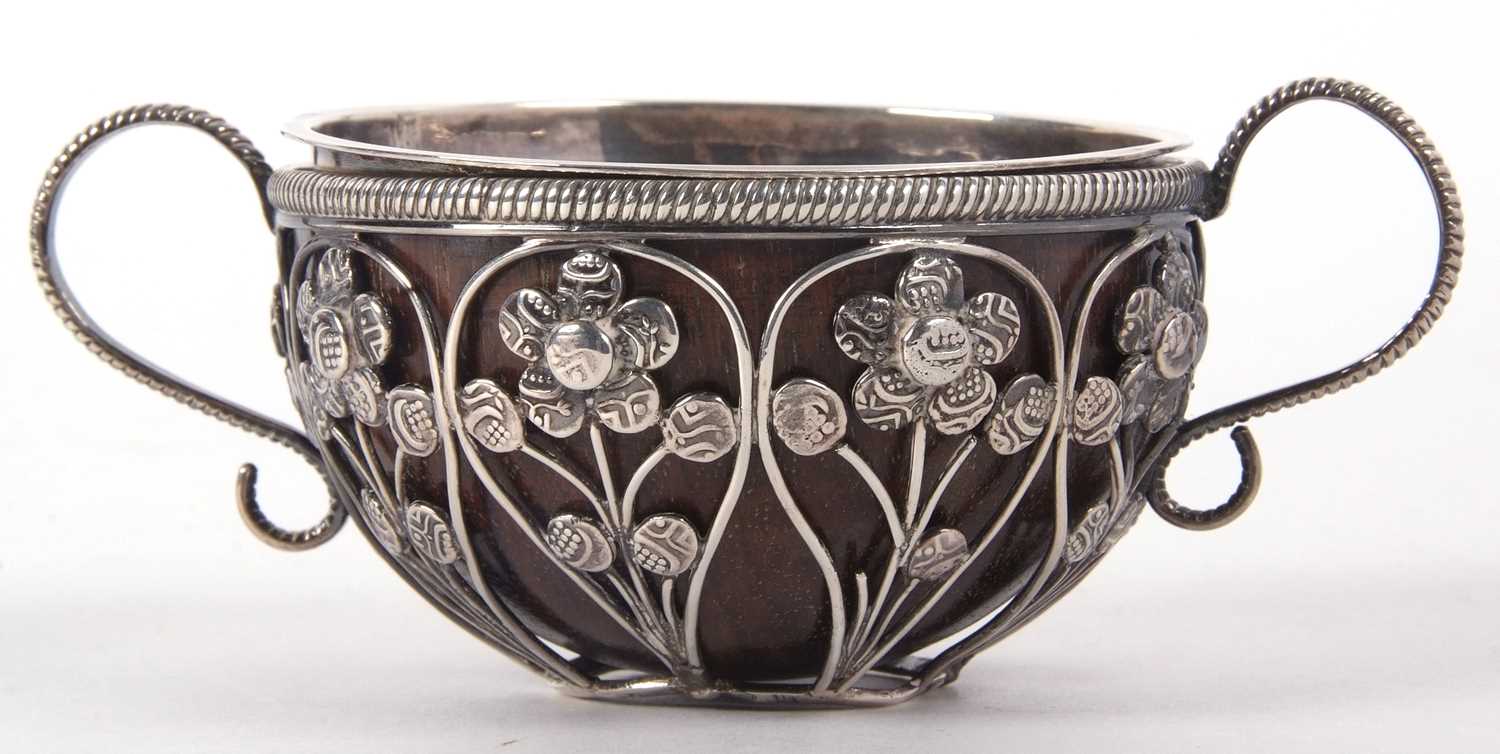 An antique unmarked white metal framed small coconut cup having nine open wire work panels each - Image 9 of 10