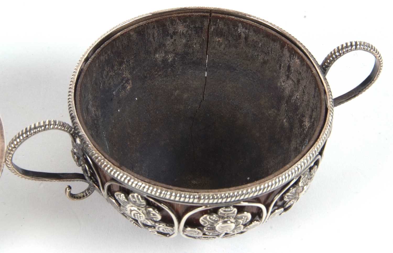 An antique unmarked white metal framed small coconut cup having nine open wire work panels each - Image 6 of 10