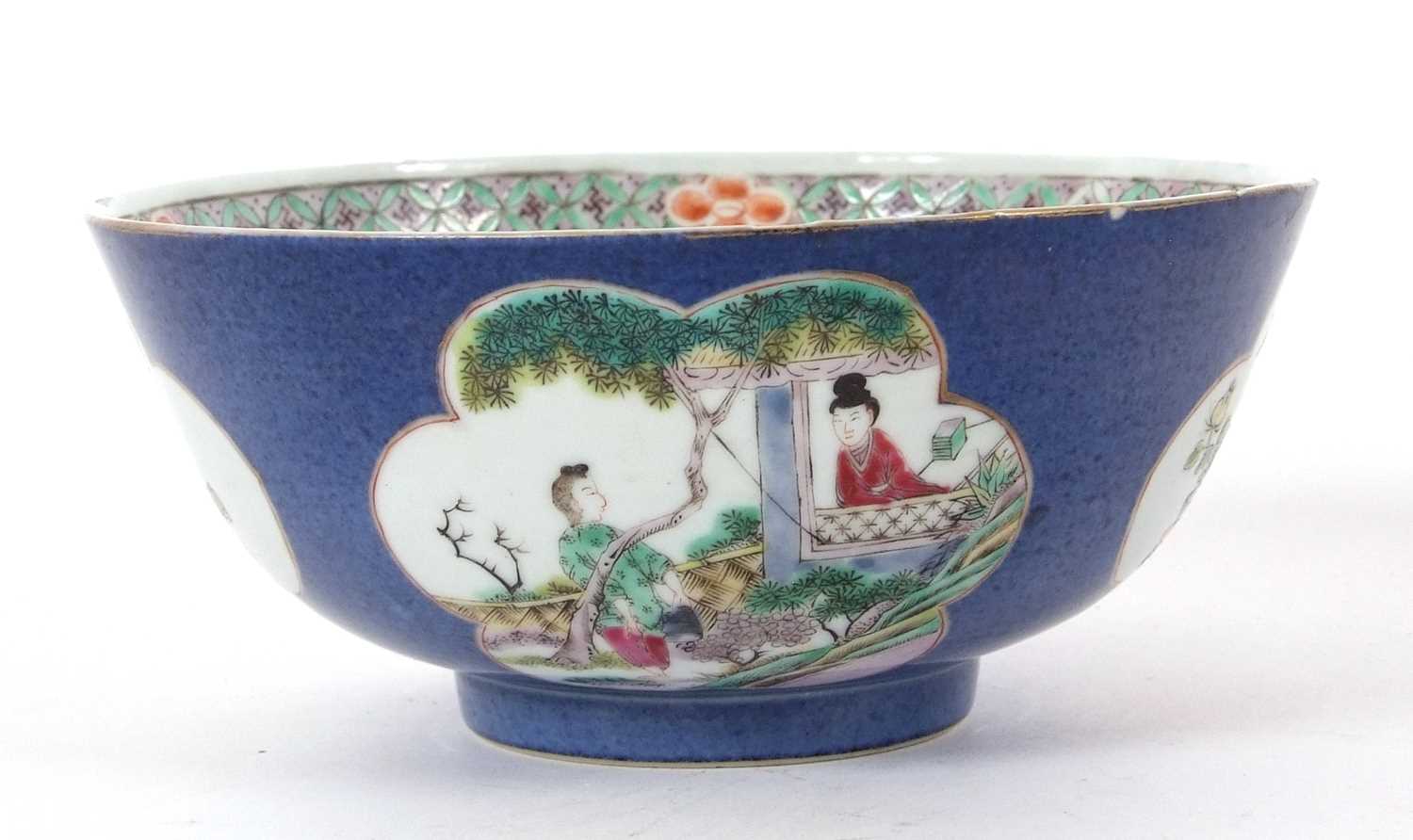 Chinese porcelain powder blue ground bowl with shaped panels of landscape scenes, double - Image 2 of 8