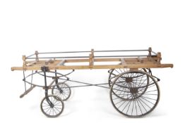 Large oak and iron funeral coffin wagon bearing label to front hook, Builder, Coltishall, 102cm