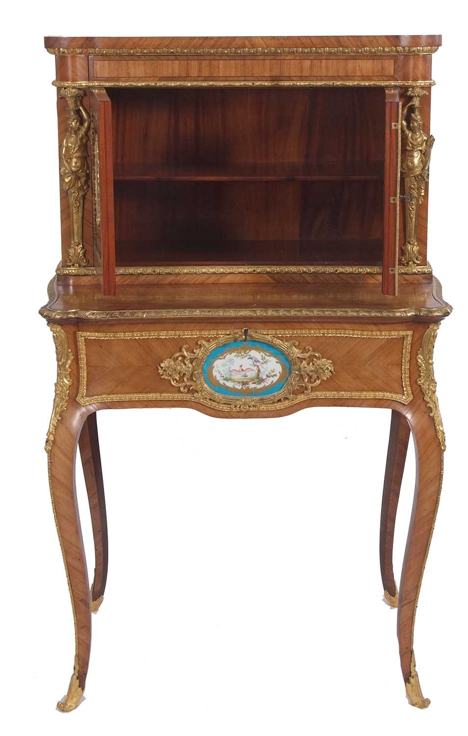 A French walnut porcelain and ormolu desk with two panelled doors to the top over a base with single - Image 16 of 16