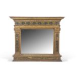 A George III small over mantel mirror set in an architectural frame with pillared sides and gilt