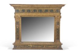 A George III small over mantel mirror set in an architectural frame with pillared sides and gilt