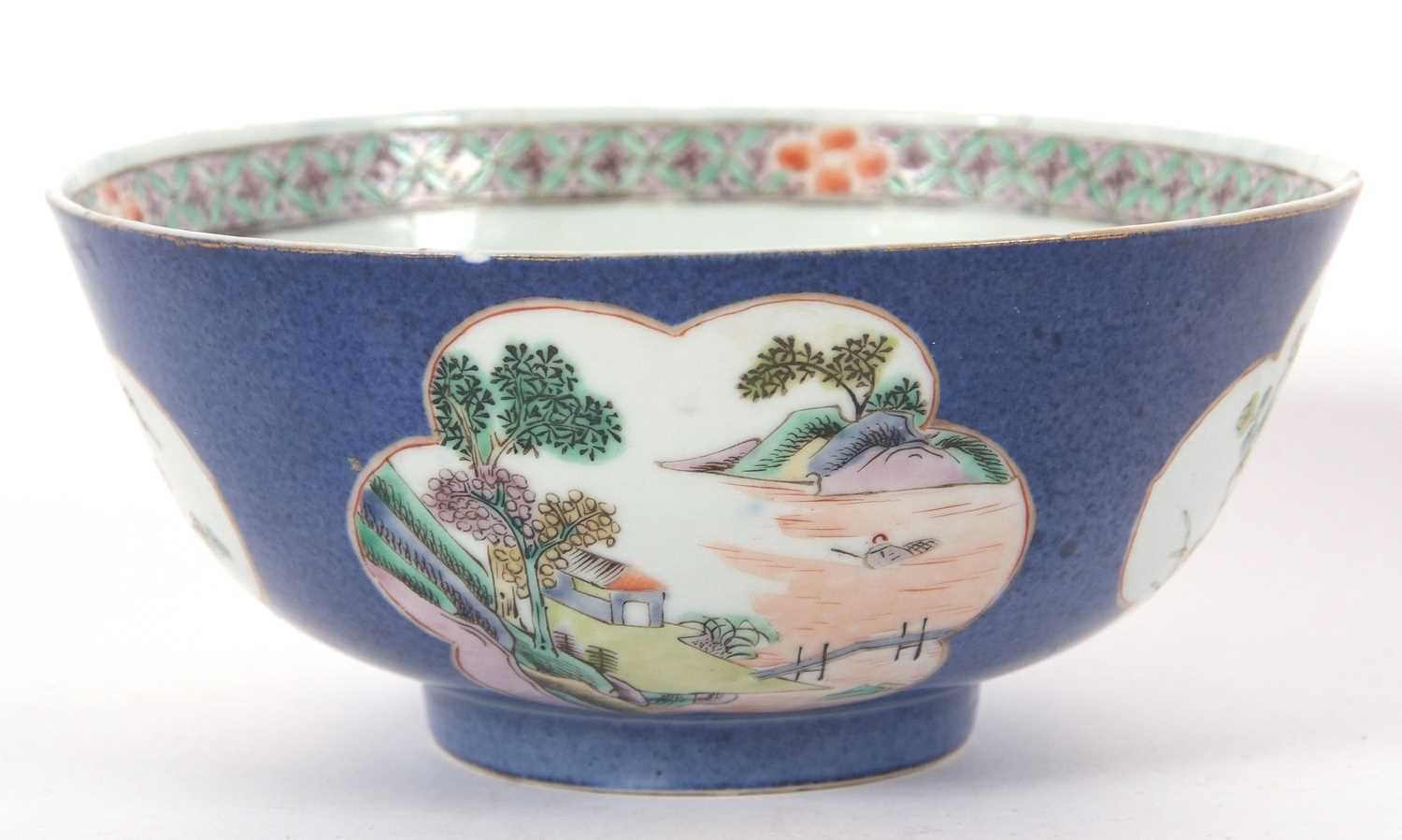 Chinese porcelain powder blue ground bowl with shaped panels of landscape scenes, double - Image 4 of 8