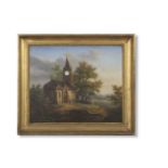 A unusual 19th Century picture clock, the oil on canvas scene depicting a country Church with