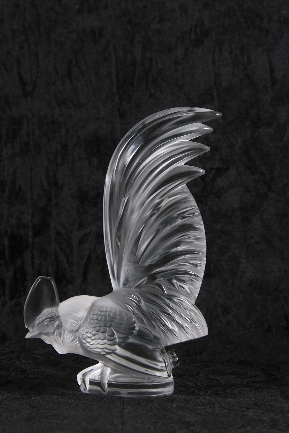 Lalique Coq Nain car mascot in the form of a moulded cockerel in clear and frosted glass engraved