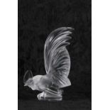 Lalique Coq Nain car mascot in the form of a moulded cockerel in clear and frosted glass engraved