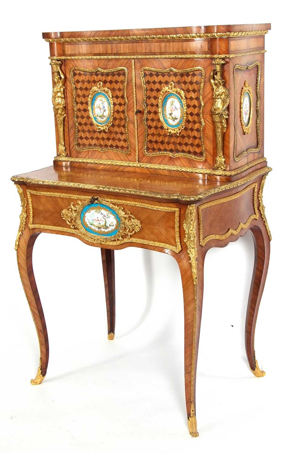A French walnut porcelain and ormolu desk with two panelled doors to the top over a base with single - Image 8 of 16