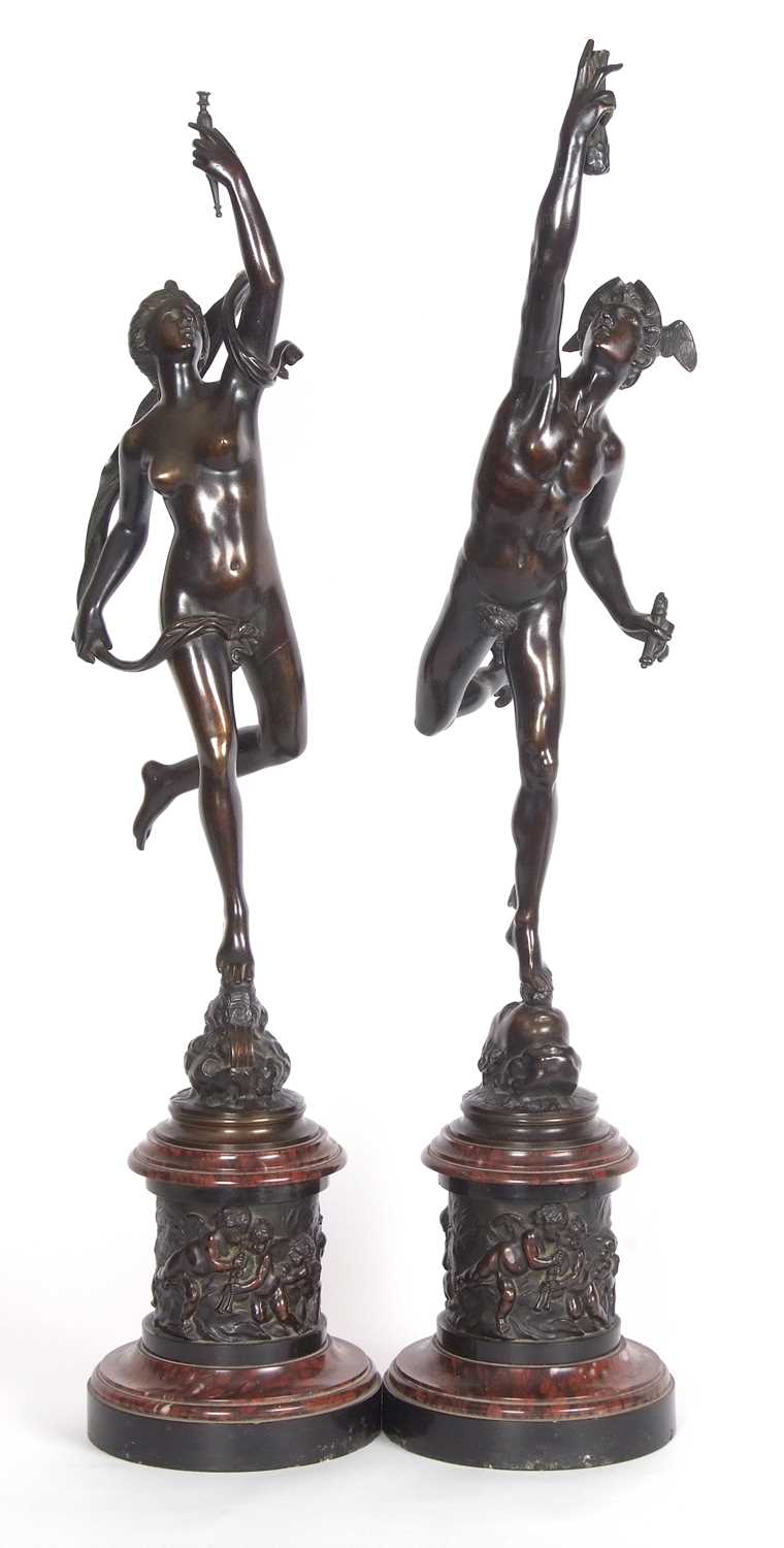After Giambologna: a pair of Grand Tour bronze figures of Mercury and Fortuna, on red marble socle