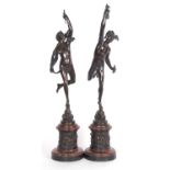 After Giambologna: a pair of Grand Tour bronze figures of Mercury and Fortuna, on red marble socle