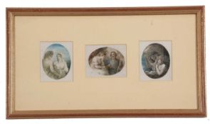 Samuel Shelley OWS (British,1750-1808), three miniature watercolours in oval, labels on verso