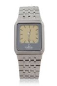 An Omega Equinox Reverso quartz, circa 1980, has a stainless steel case and bracelet, reference