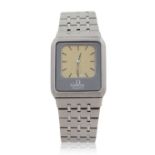 An Omega Equinox Reverso quartz, circa 1980, has a stainless steel case and bracelet, reference