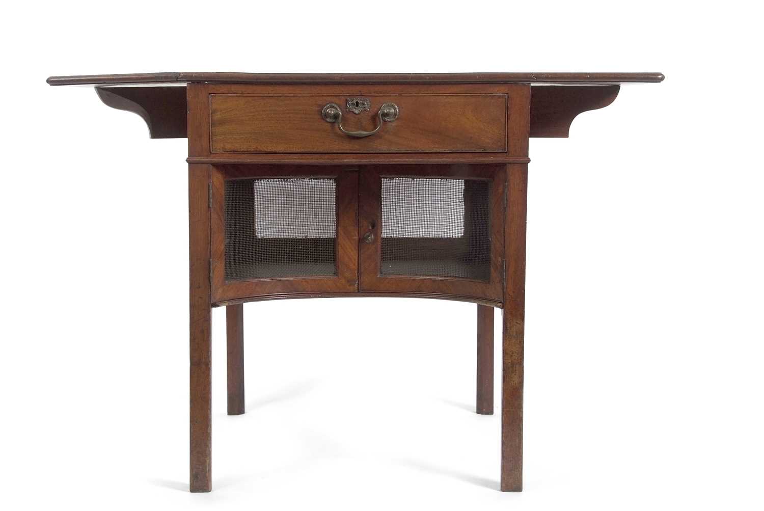An unusual George III small rectangular drop leaf table with single drawer over a concave under
