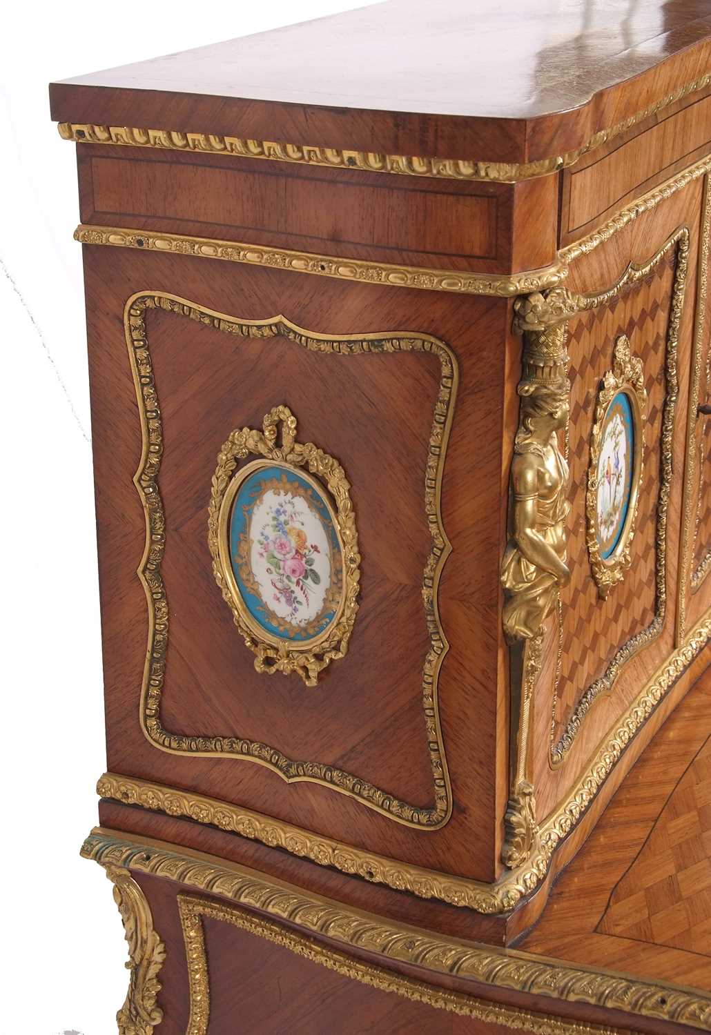 A French walnut porcelain and ormolu desk with two panelled doors to the top over a base with single - Image 10 of 16