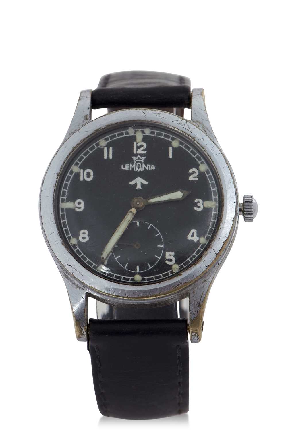 A Lemania WWW military wristwatch, the back of the watch case is engraved and reads from top to