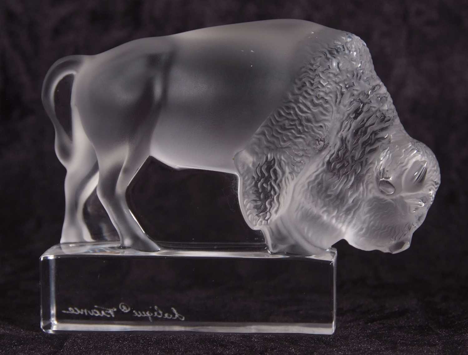 Lalique model of a Bison on rectangular clear glass base, after a Rene Lalique model, engraved - Image 2 of 4