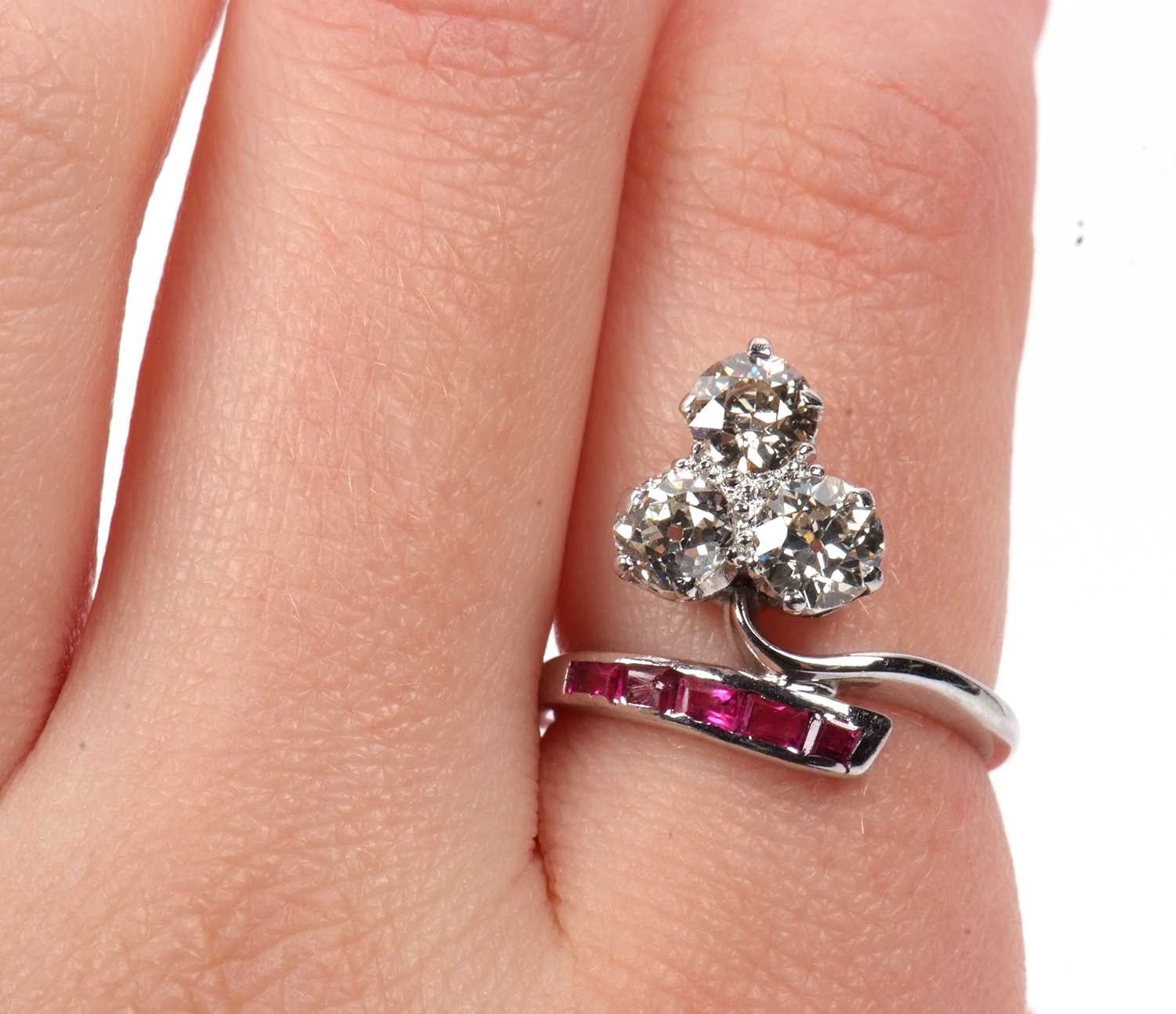 Diamond and ruby ring, the trefoil set three old brilliant cut diamonds, total carat weight - Image 9 of 45