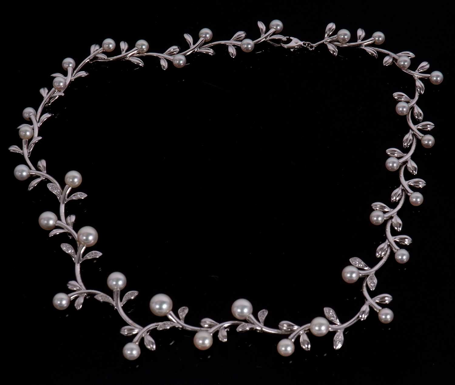 Mikimoto cultured pearl and diamond set necklace, a continuous leaf and pearl design highlighted - Image 3 of 5