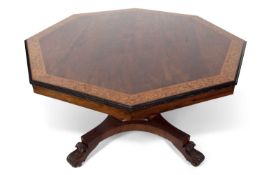 Late Georgian or William IV rosewood veneered octagonal dining or centre table, the top with an