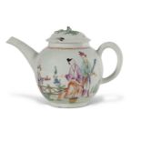 Lowestoft porcelain teapot and a cover, the pot in a rare Mandarin type pattern