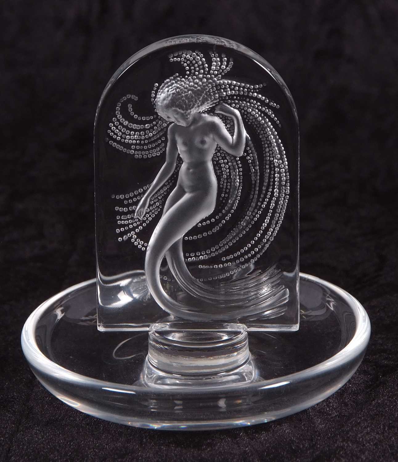Lalique pin dish, the centre with a model of an Art Nouveau lady with etched mark to base, 11cm - Image 4 of 6