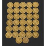 A collection of 32 Austrian gold 1 Ducat coins each "dated" 1915, (re-strikes), each weighing 3.4