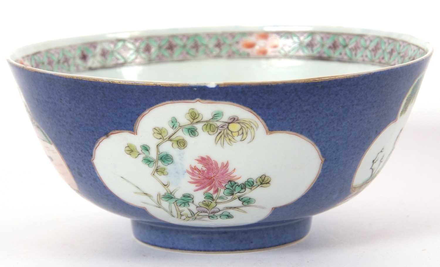 Chinese porcelain powder blue ground bowl with shaped panels of landscape scenes, double - Image 5 of 8
