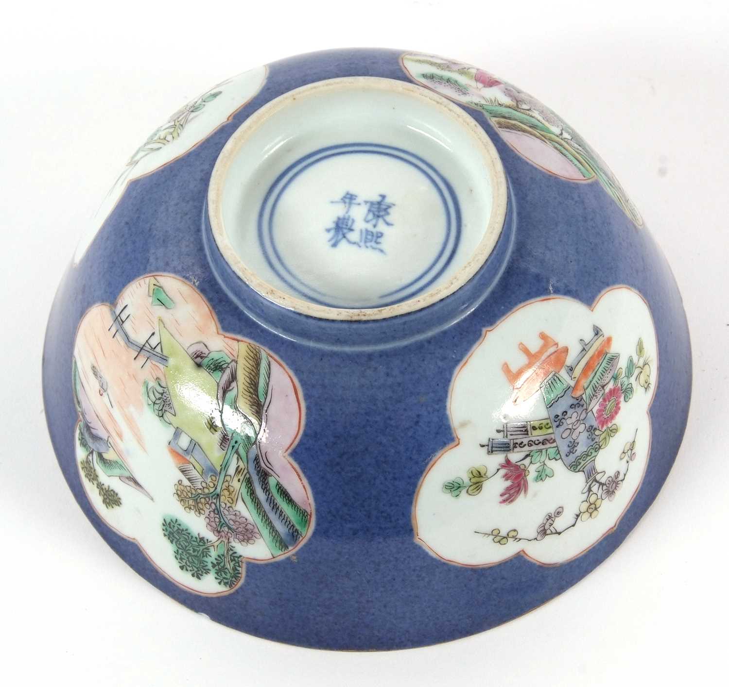 Chinese porcelain powder blue ground bowl with shaped panels of landscape scenes, double - Image 8 of 8