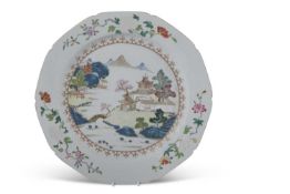 A large Chinese porcelain charger, Qianlong period with polychrome decoration to the centre of