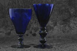 Early 19th Century Bristol blue glass wine goblet, the ogee bowl raised on a collar stem together