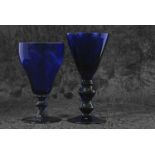 Early 19th Century Bristol blue glass wine goblet, the ogee bowl raised on a collar stem together