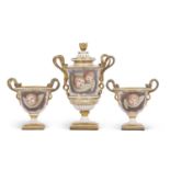 A garniture of early 19th Century Worcester Flight, Barr and Barr vases painted with panels of