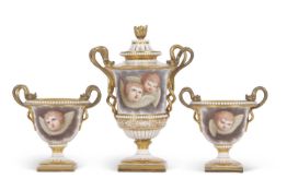A garniture of early 19th Century Worcester Flight, Barr and Barr vases painted with panels of