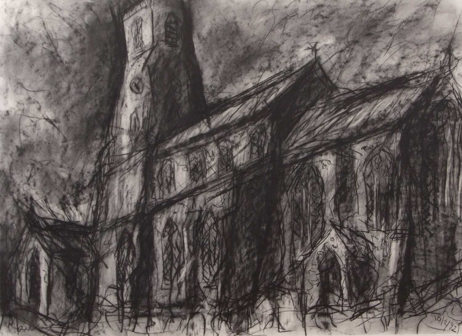 Leslie Marr (British,1922-2021), 'Trunch Church, Norfolk', compressed charcoal on paper, signed - Image 2 of 3