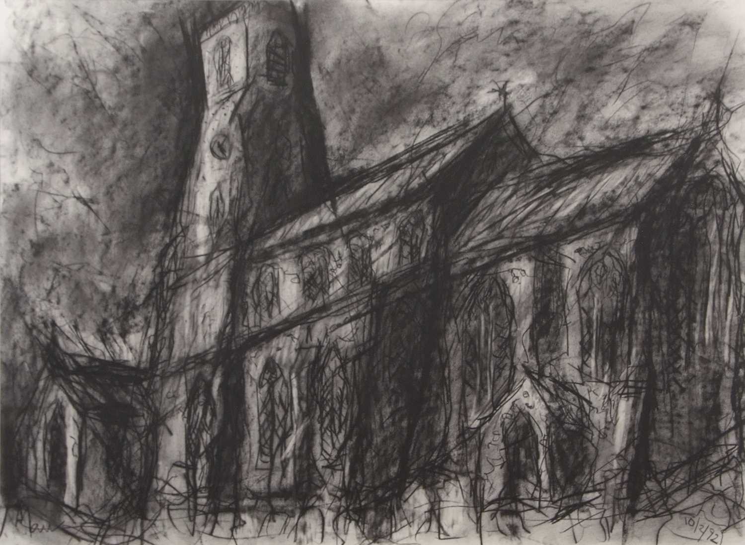 Leslie Marr (British,1922-2021), 'Trunch Church, Norfolk', compressed charcoal on paper, signed - Image 3 of 3