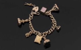 A 9ct curblink charm bracelet, set with variously marked and unmarked charms to include a sunstone
